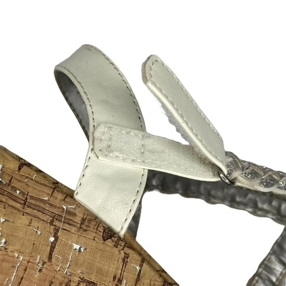 Arizona Jean Co Jersey Sandals White and Silver Braided Straps Wedge Cork Size 2